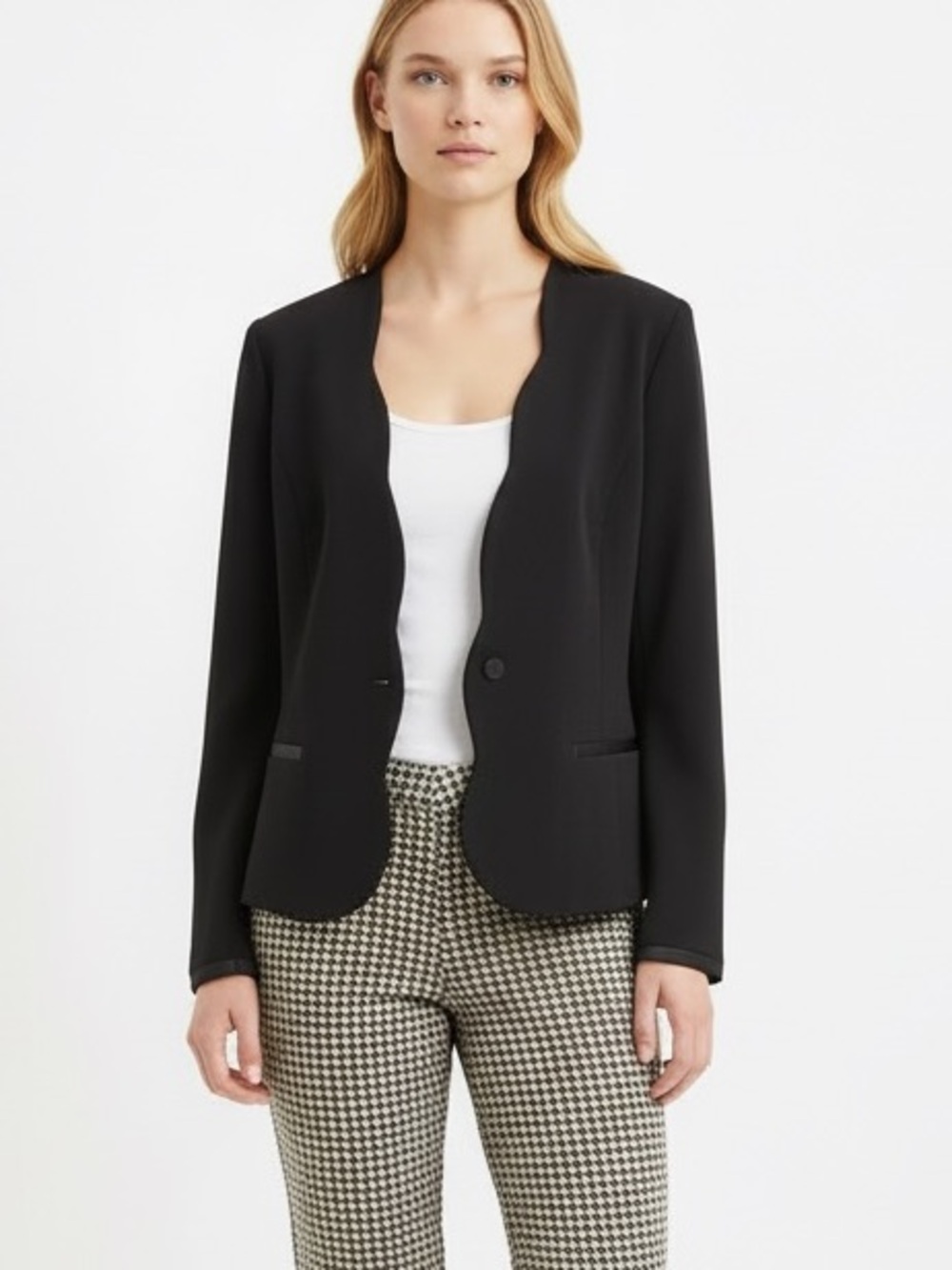Elle Black Collarless Blazer Scalloped Edge 14